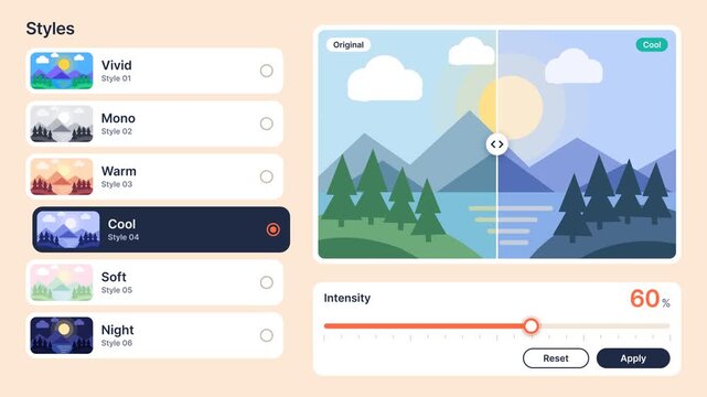 Photo Editing Software Interface Applying Color Filters and Adjusting Intensity on a Landscape Illustration