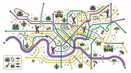 Mardi Gras subway metro map with masks, fleur de lis and jazz musicians, flat vector illustration isolated on white background © Noviza