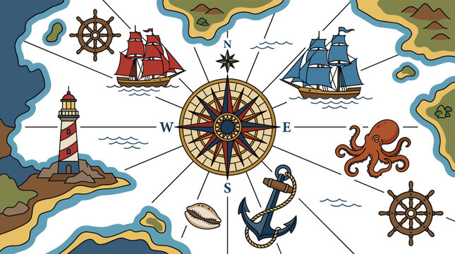 Nautical chart with red and blue brigs, compass rose, coastlines and lighthouse, flat vector illustration