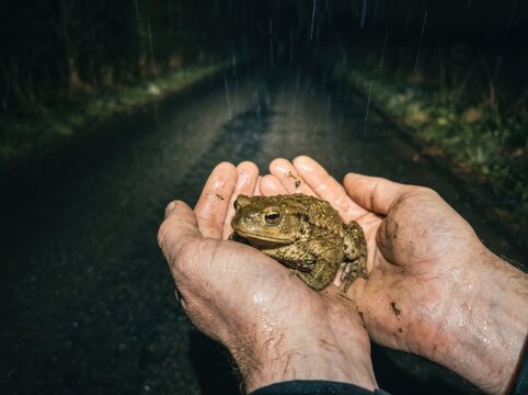 Hands Holding a Toad in Rainy Forest Road
