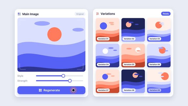 AI Image Generator Interface Creating Multiple Variations from a Main Image, Animation of Software Dashboard with Sliders and Buttons, Isolated on Solid Background