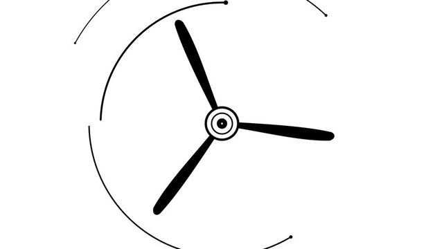 Minimalist black and white vector animation of a ceiling fan rotating continuously on a clean white background. Ideal for ventilation, cooling systems, home appliances, energy efficiency, and modern i