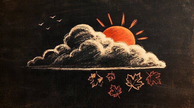 Warm red-orange sun glowing behind a fluffy pastel cloud with flying birds and maple leaves, chalk artwork for autumn weather, greeting cards and flyers