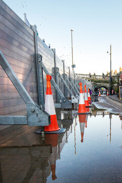 River water flood barriers,at Bewdley,Worcestershire,United Kingdom.