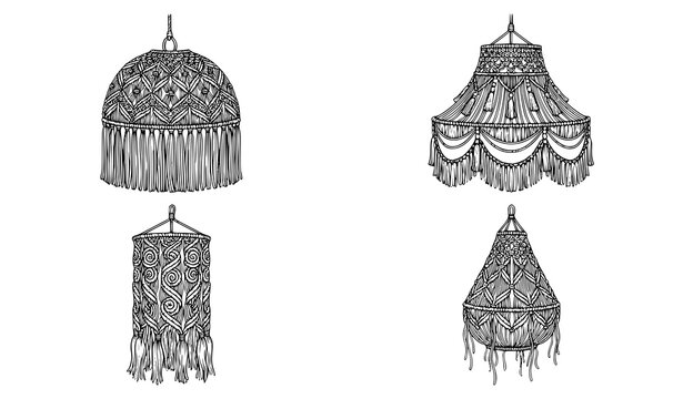 Set of four hand drawn macrame hanging lampshades with decorative fringe and bohemian style interior design elements