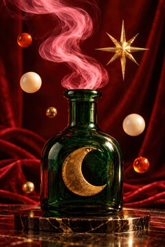 Dark glass potion bottle bearing a gold crescent moon, pink smoke rising, on a marble plinth before velvet drapes. Mystical Halloween potion, witchcraft and magic