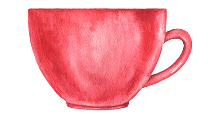 Watercolor red ceramic cup with a round handle. Cozy winter illustration for Christmas cards, hot drink menus, cafe posters, kitchen decor, New Year greetings and tea or coffee themes © Evgeniia