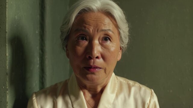 Older woman in cream silk giving a composed nod