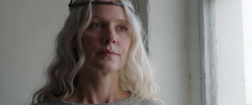 Woman in a dark circlet looking gently toward the window