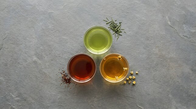 Three colorful glasses filled with green black and herbal tea arranged neatly upon textured dark gray stone surface