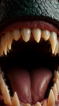Pale fangs beneath a dark green creature muzzle