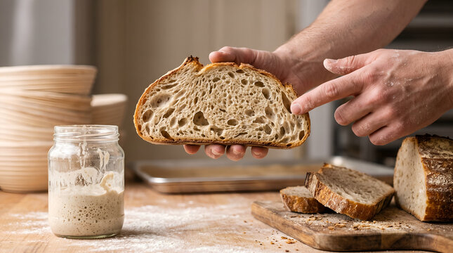 baker holding, pointing and showing sliced of fresh sourdough bread with visible open crumb structure. sourdough starter jar and wooden board. artisanal bread making and natural fermentation process