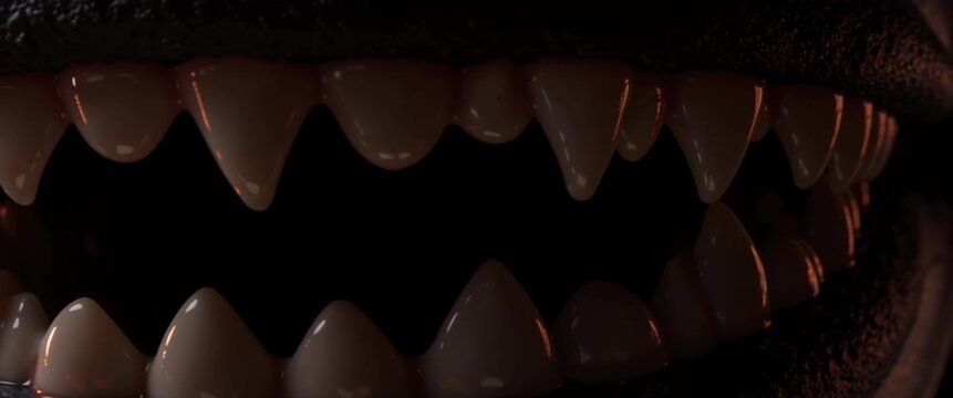 Sharp white creature teeth catching warm light in darkness