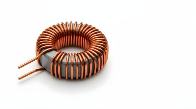 Toroidal Inductor with Copper Wire Windings on Ferrite Ring on White Background