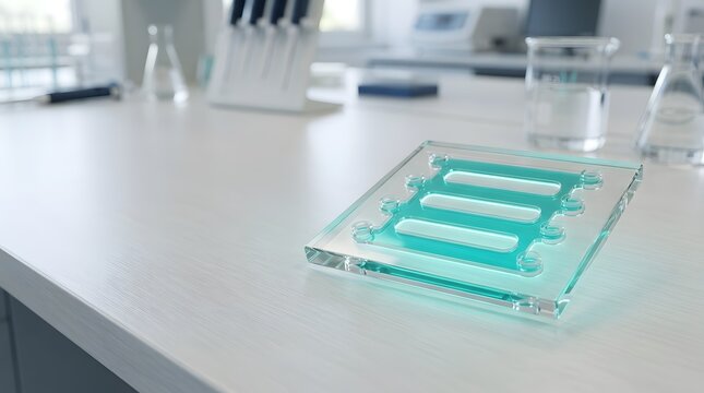 Glass Microfluidic Lab-on-a-Chip with Glowing Teal Channels on Laboratory Bench