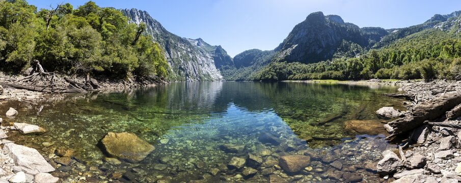 Laguna Tri&aacute;ngulo with reflection between mountains, Parque Nacional Alerce Andino, Llanquihue, Los Lagos, Chile