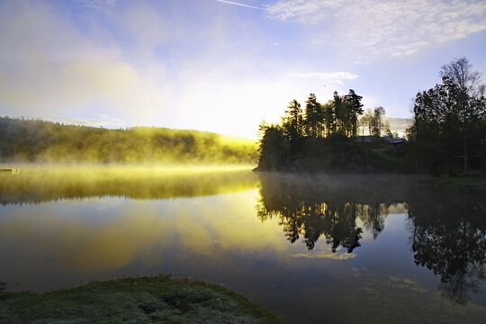 Trees reflected in the water of the Bullaren on a calm autumn morning, the first light of the day, lake, October, Bohusl&auml;n, Sweden