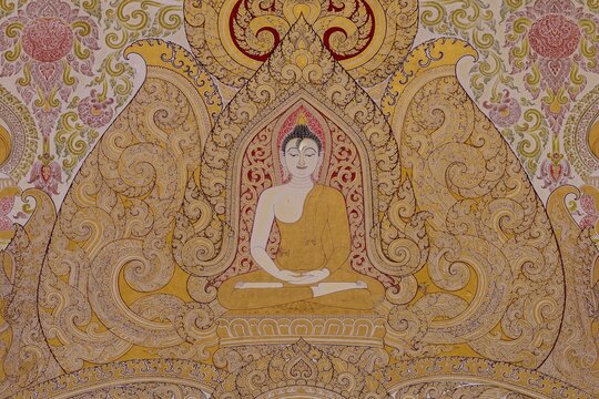 Golden Buddha in deep meditation surrounded by glowing Thai ornaments, the mural combines spiritual symbolism, traditional Lai Thai patterns and artistic color harmony to create a silent, timeless depiction of inner collection and enlightenment, Wat Sitthawararam, Bangkok, Thailand