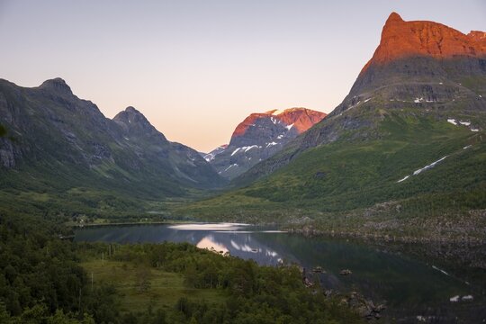 Evening mood, sunset at the lake Innerdalsvatna, Innerdalen high valley, mountain Innerdalst&aring;rnet, Sunndal, M&oslash;re og Romsdal, Vestlandet, Norway