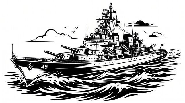 Naval warship cruiser sailing on sea waves vector illustration in vintage black and white line art isolated on white background