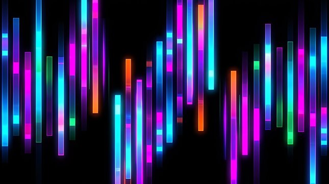 Vibrant abstract digital geometric background pattern composedcolorful vertical rectangular stripes glowing brilliantly on solid pitch dark backdrop for modern technology presentation screen