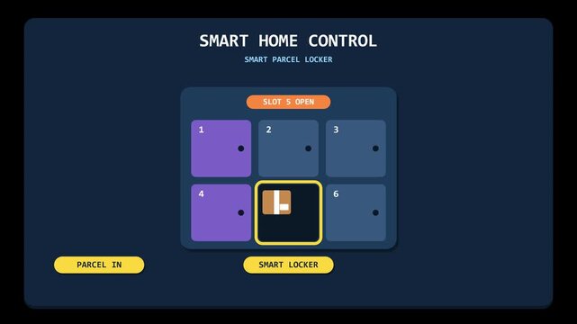 Smart Home Control Screen Interface Showing Smart Parcel Locker Delivery System Animation.