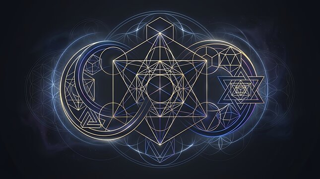 Abstract sacred geometry figure featuring an optical illusion with impossible endless geometric objectsagainst a dark background impossible shapes sacred geometry optical illusion abstract