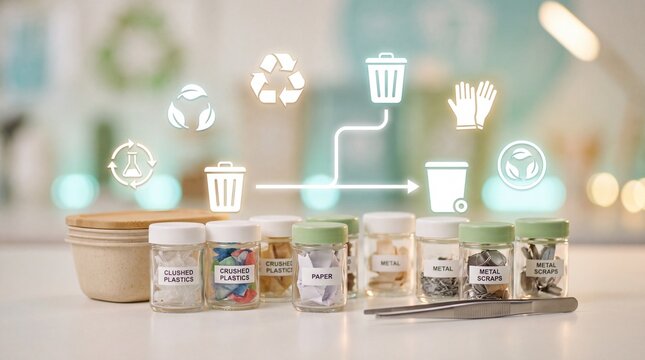 Glass jars filled with waste materials arranged on a table with recycling icons with materials crushed plastics