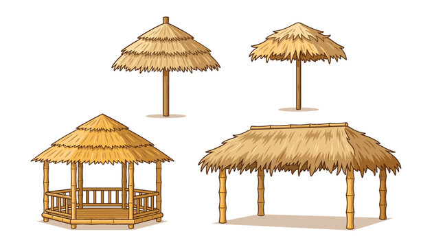 Tropical bamboo hut vector illustration set. Bungalow, gazebo, straw umbrella, thatch roof, canopy and pavilion.
