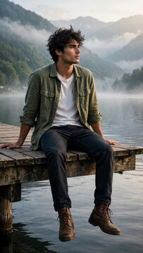 Young man sitting on a wooden pier by a misty mountain lake during a