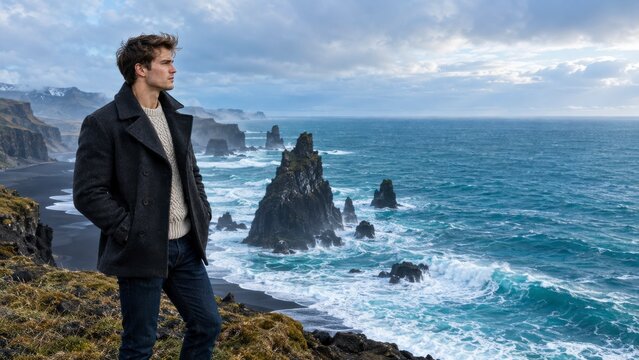 Young man wearing a winter coat standing on a cliff overlooking the
