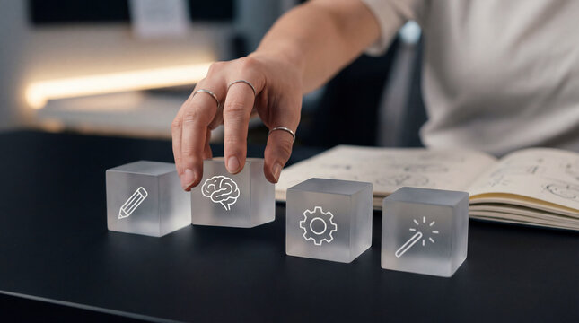 Hand selecting a translucent cube with a brain icon beside pencil, gear and magic wand symbols on a dark desk with an open sketchbook, illustrating creativity and idea development