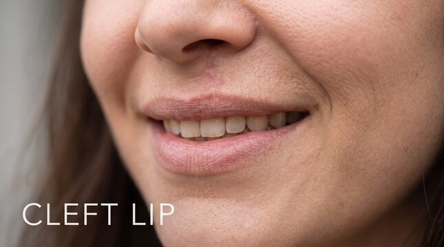 Angle Close-up of Woman Smiling Showing Cleft Lip Surgery Scar