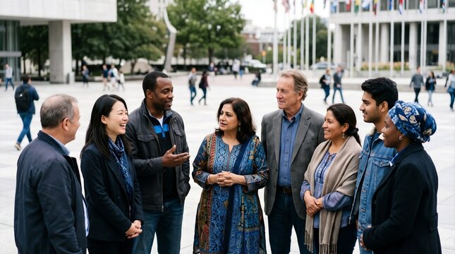Diverse group of multiethnic people standing together outside a international conference building with flags, conversing in unity for United Nations Day celebration.