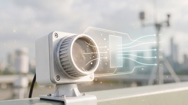 Air quality sensor monitoring atmospheric pollution levels with digital data visualization on an outdoor rooftop