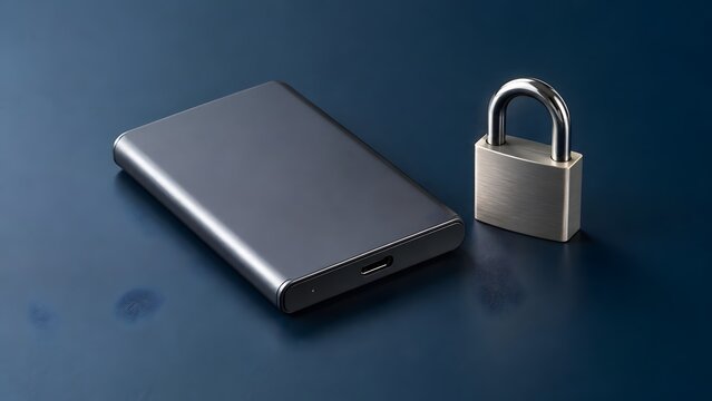 Sleek portable external hard drive positioned next to a sturdy metal padlock representing digital data security