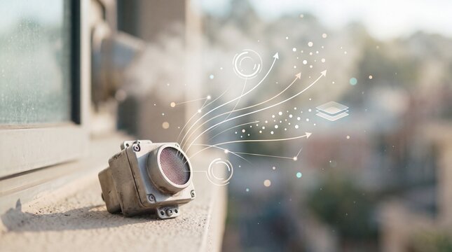 Industrial air quality sensor emitting digital data visualization on a building exterior window ledge