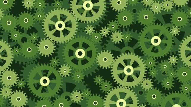 Wall of interlocking green gears rotating in sync at different speeds, eco engineering and teamwork background loop
