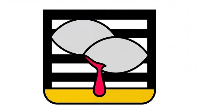 Abstract graphic featuring two grey oval shapes above a red drip on a black and white striped background with a yellow base.