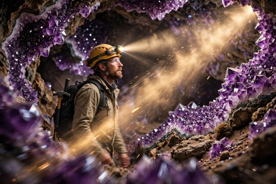 Male geologist explorer with headlamp and pickaxe discovering a giant glowing purple amethyst crystal cave with dramatic light beams illuminating dust particles during underground expedition