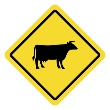 Yellow Diamond Warning Sign with Black Cow Silhouette.