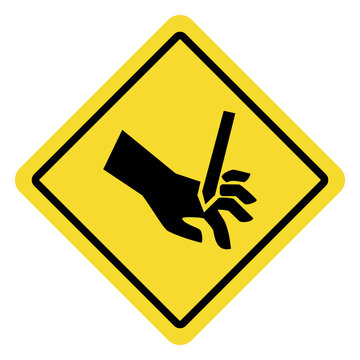 Warning sign indicating a sharp object hazard to hands.