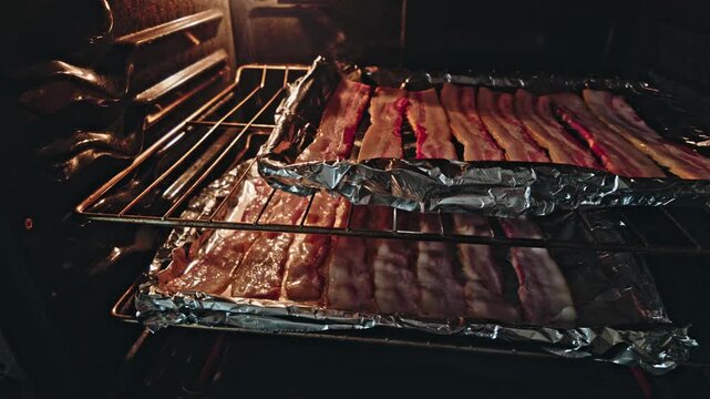 Two trays lined with aluminum foil hold raw bacon strips baking in oven