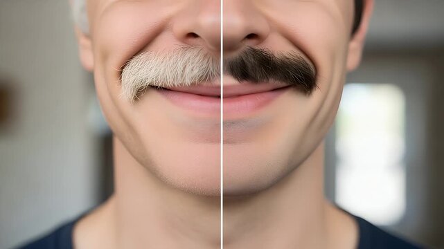 Close-up of a man applying dark dye to his mustache for a grooming and anti-aging transformation.