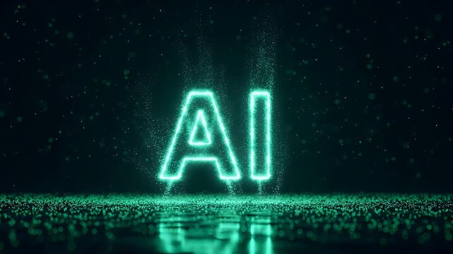 A glowing neon AI text logo emerging from digital particles against a dark background.