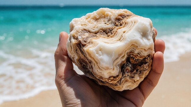 Close up of hand holding large raw ambergris chunk. Person shows valuable perfume ingredient on tropical beach with turquoise ocean. Rare organic material from whale found near sea shore. Natural