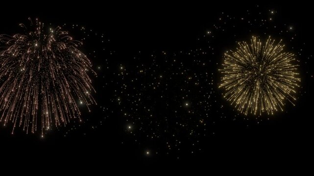 Gold and pink fireworks bursting on black background, building to a double ring finale with falling sparks