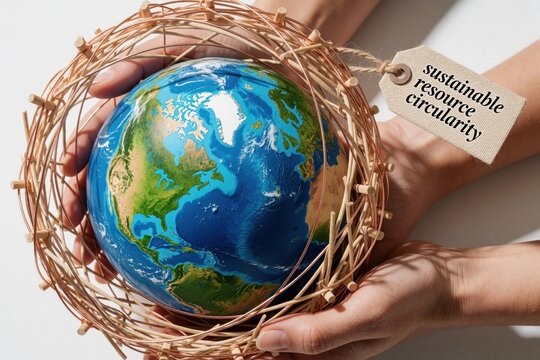 Human hands hold miniature earth globe inside protective wooden wire cage structure. Small tag shows sustainable resource circularity text. Concept of global conservation, eco protection, climate