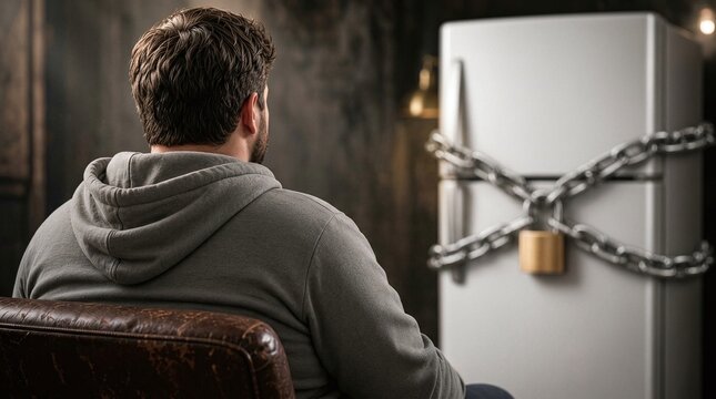 Man sitting in front of a refrigerator wrapped in heavy chains and a padlock representing diet control, weight loss struggle, and eating discipline