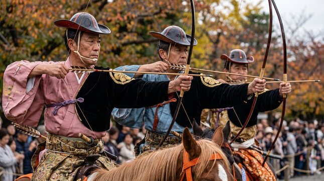 Older archer drawing a Japanese yumi longbow at eye level, Jidai Matsuri festival in Kyoto Japan, Japanese mounted archery reenactment, Kyoto Japan